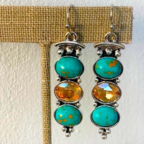 Turquoise & Amber Glass Dangle Earrings – Thai Artisan Style - Picture 1 of 11